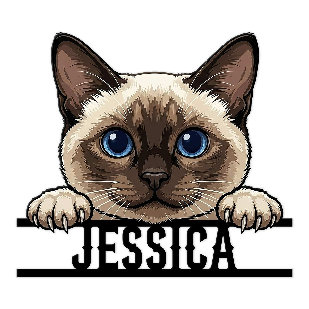 Close-up Siamese cat metal sign featuring bright blue eyes, dark facial markings, and raised paws