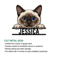 Siamese cat cut metal sign shown with product feature information and a bold feline design