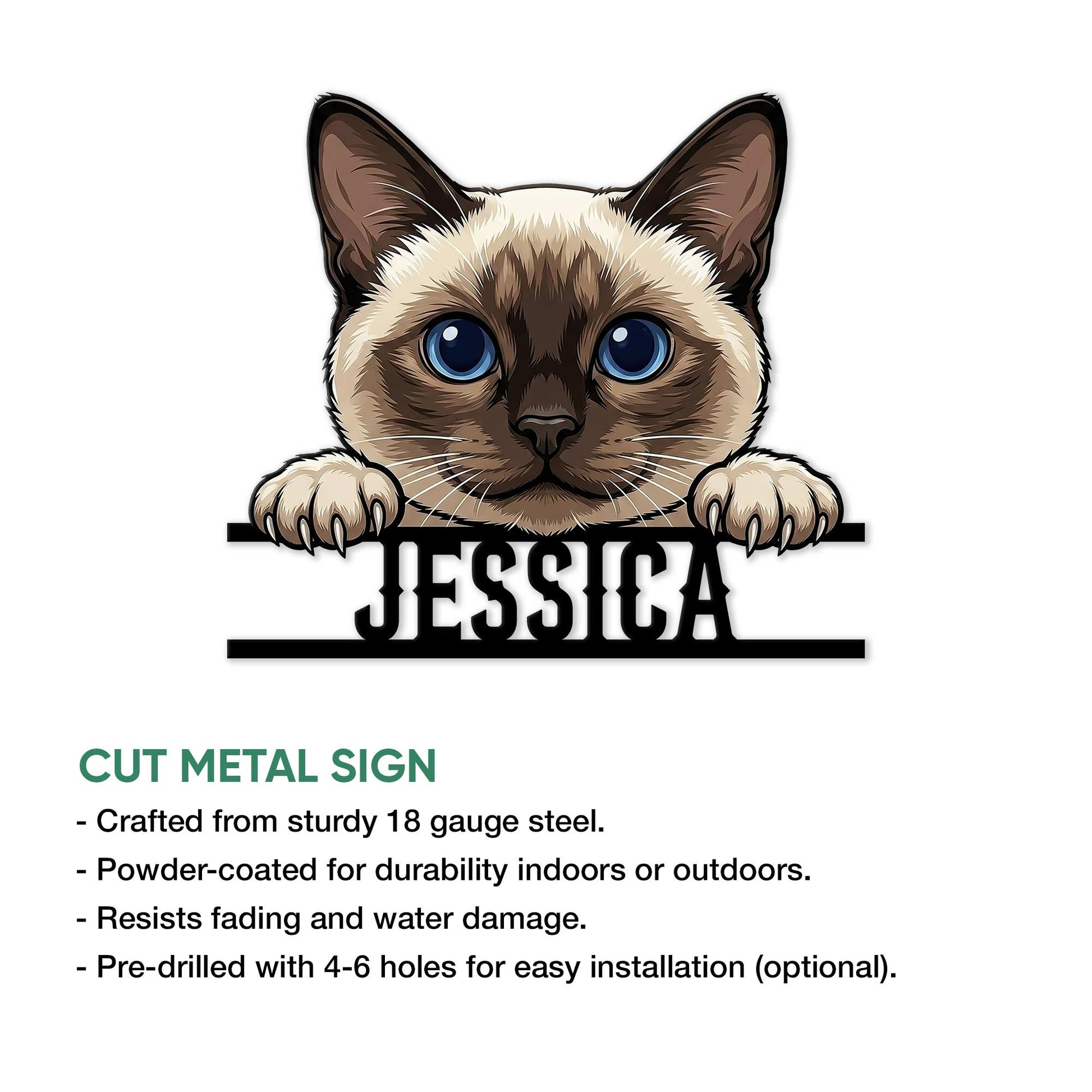 Siamese cat cut metal sign shown with product feature information and a bold feline design
