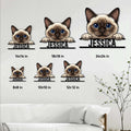Siamese cat metal sign size guide showing multiple artwork sizes in a living room setting