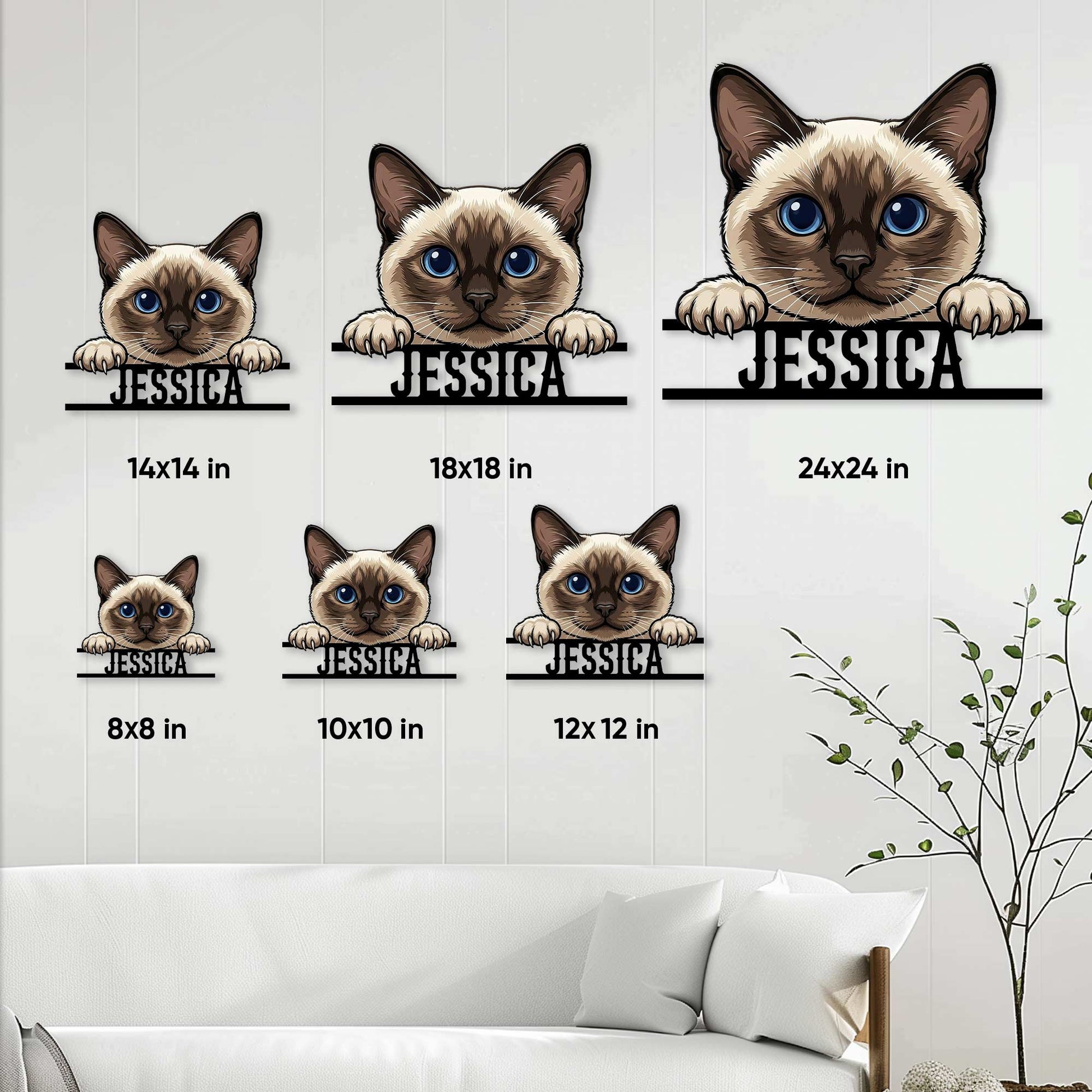 Siamese cat metal sign size guide showing multiple artwork sizes in a living room setting