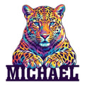 Colorful leopard portrait metal sign with vivid jewel-tone artwork and a bold decorative base
