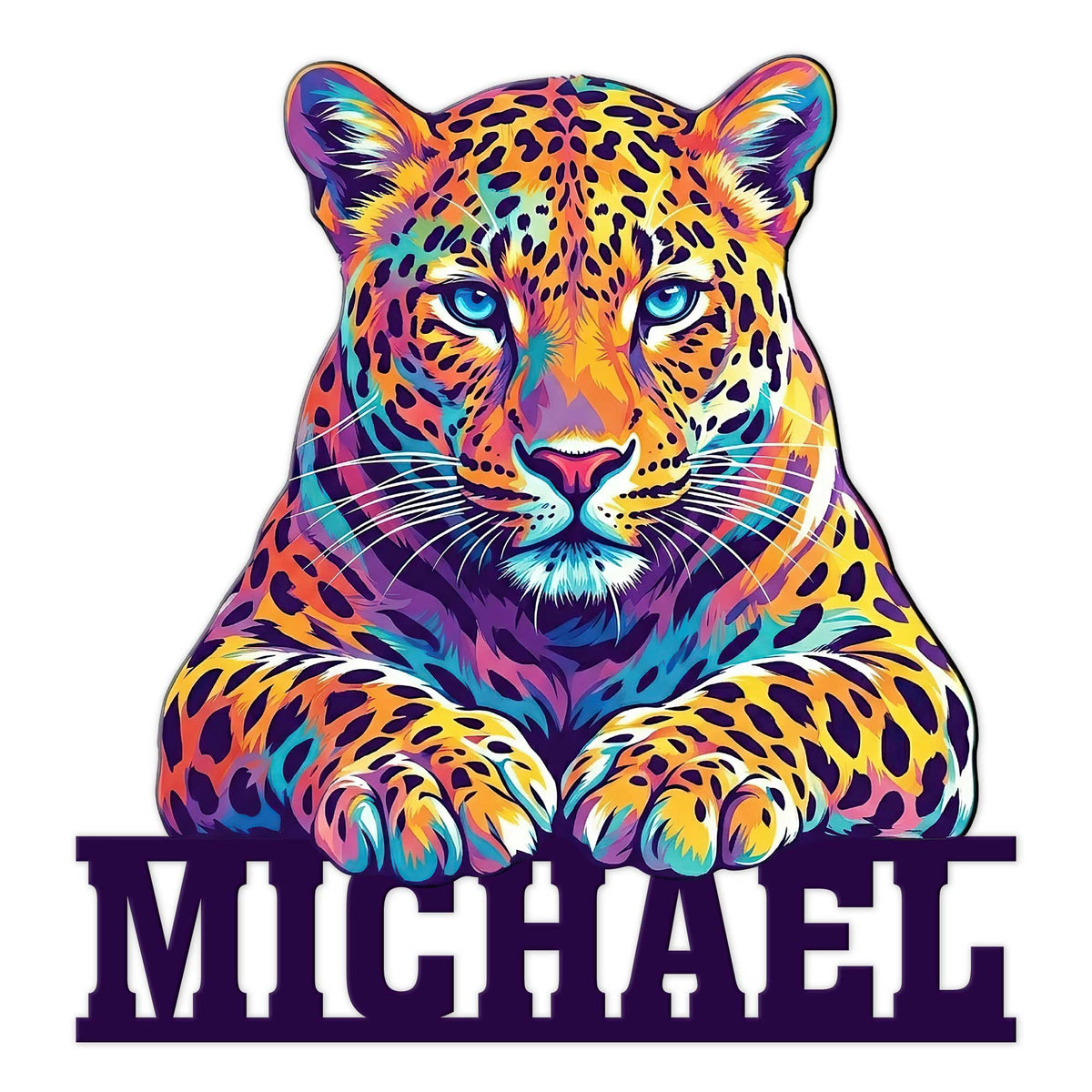 Colorful leopard portrait metal sign with vivid jewel-tone artwork and a bold decorative base