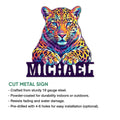 Colorful leopard metal sign shown in a product feature graphic highlighting its cut-metal design