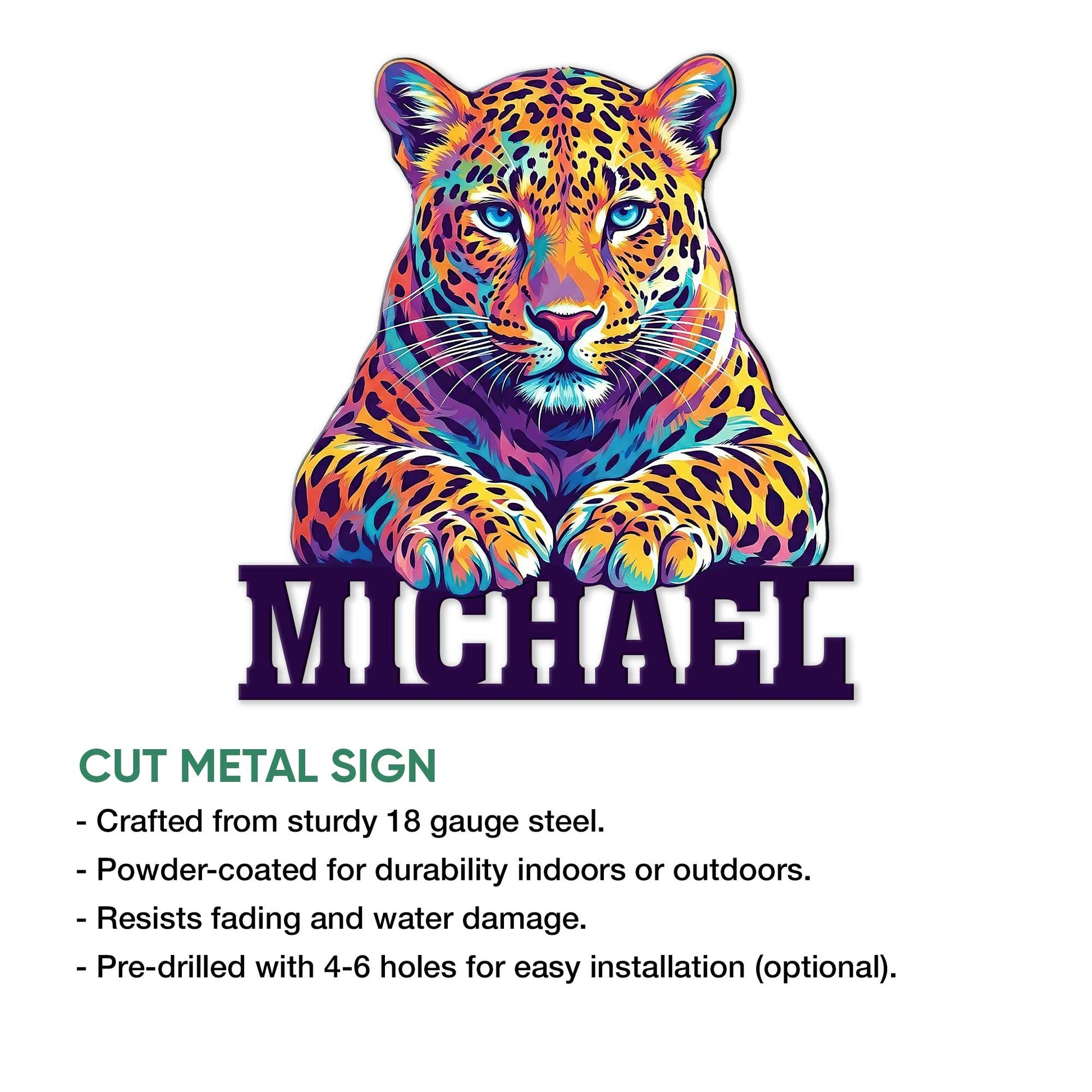 Colorful leopard metal sign shown in a product feature graphic highlighting its cut-metal design
