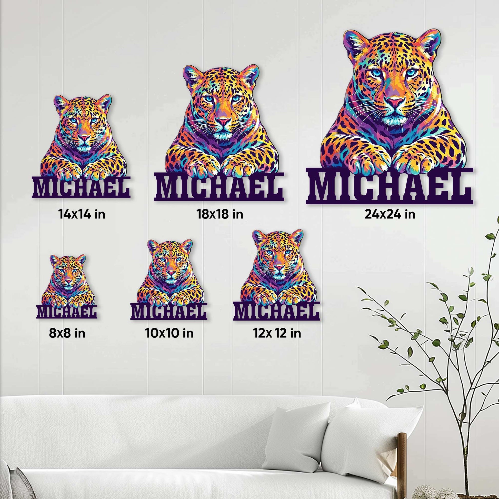 Leopard metal sign size guide displaying six available square sizes from 8 by 8 to 24 by 24 inches