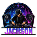Custom DJ metal sign featuring a turntable artist, headphones, speakers, equalizer bars, and colorful music notes