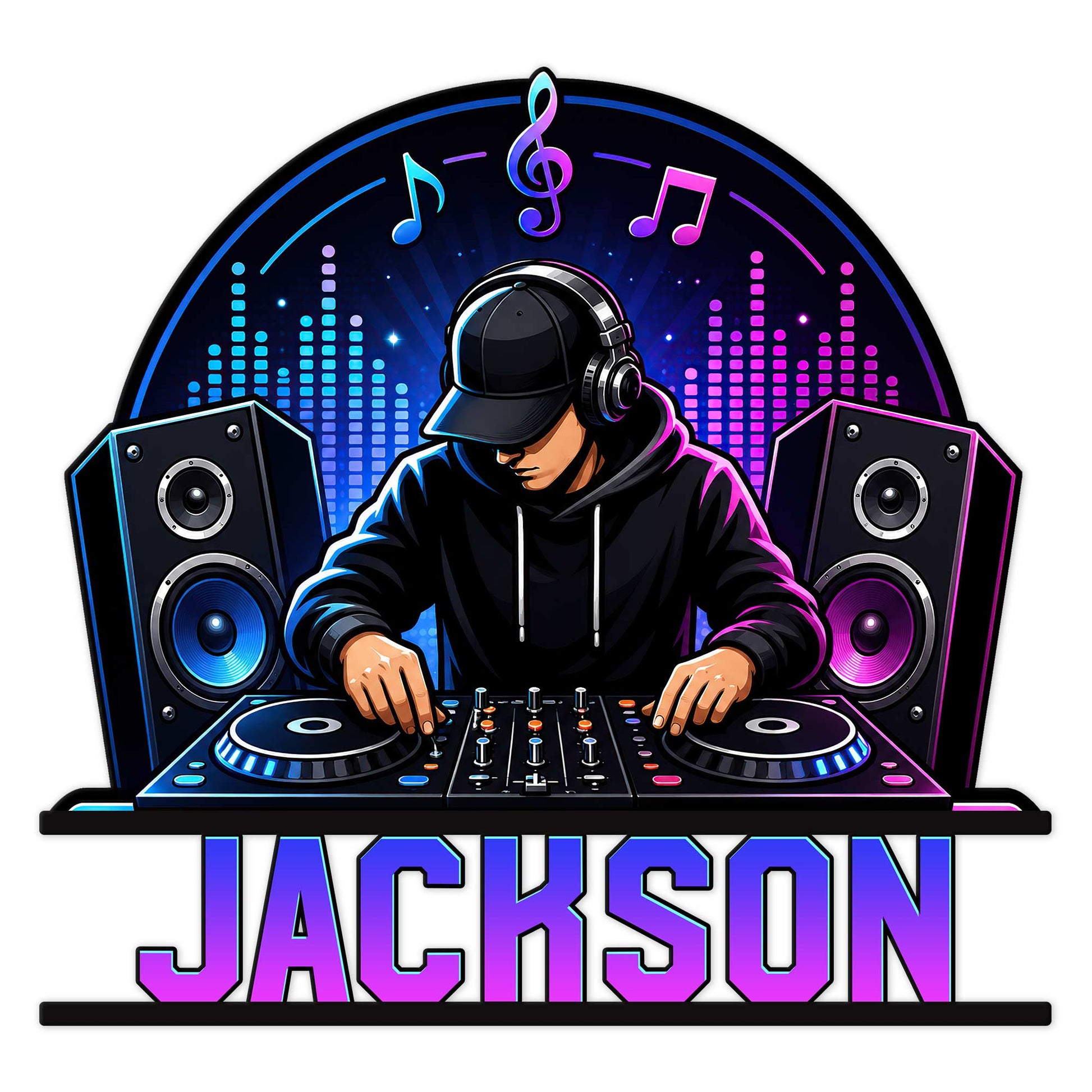 Custom DJ metal sign featuring a turntable artist, headphones, speakers, equalizer bars, and colorful music notes