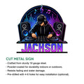 DJ metal sign feature graphic showing the turntable artwork and cut metal sign product presentation