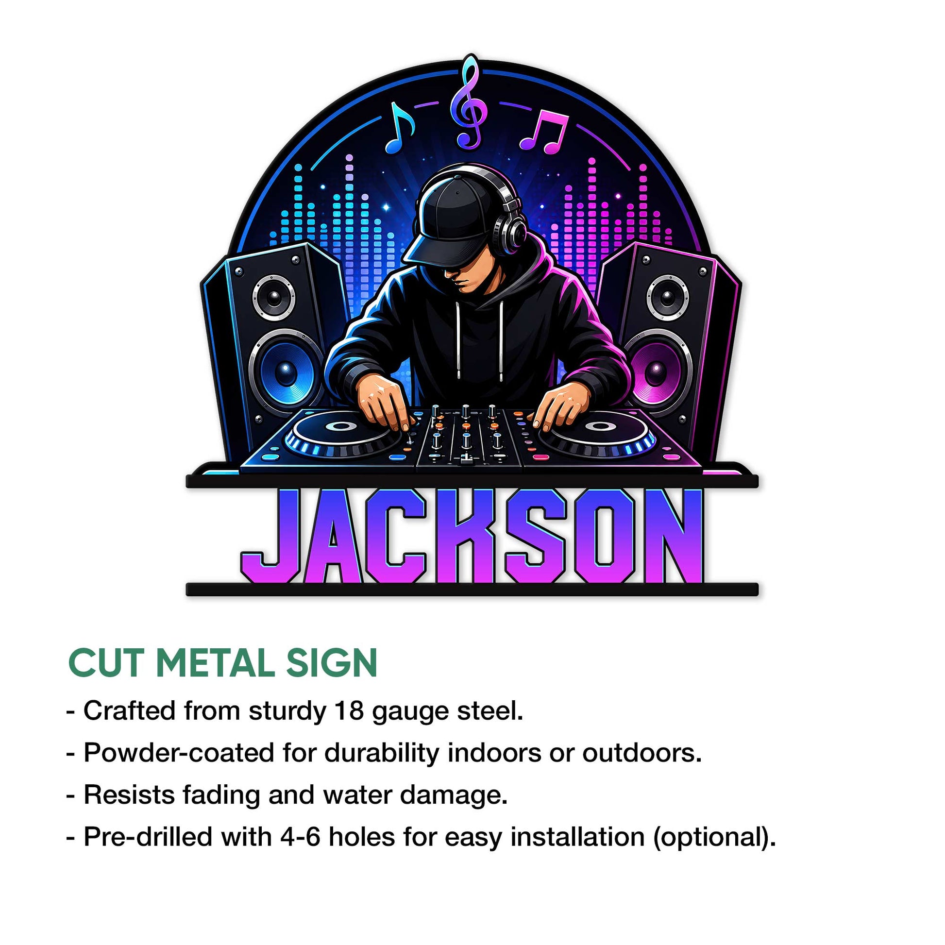DJ metal sign feature graphic showing the turntable artwork and cut metal sign product presentation