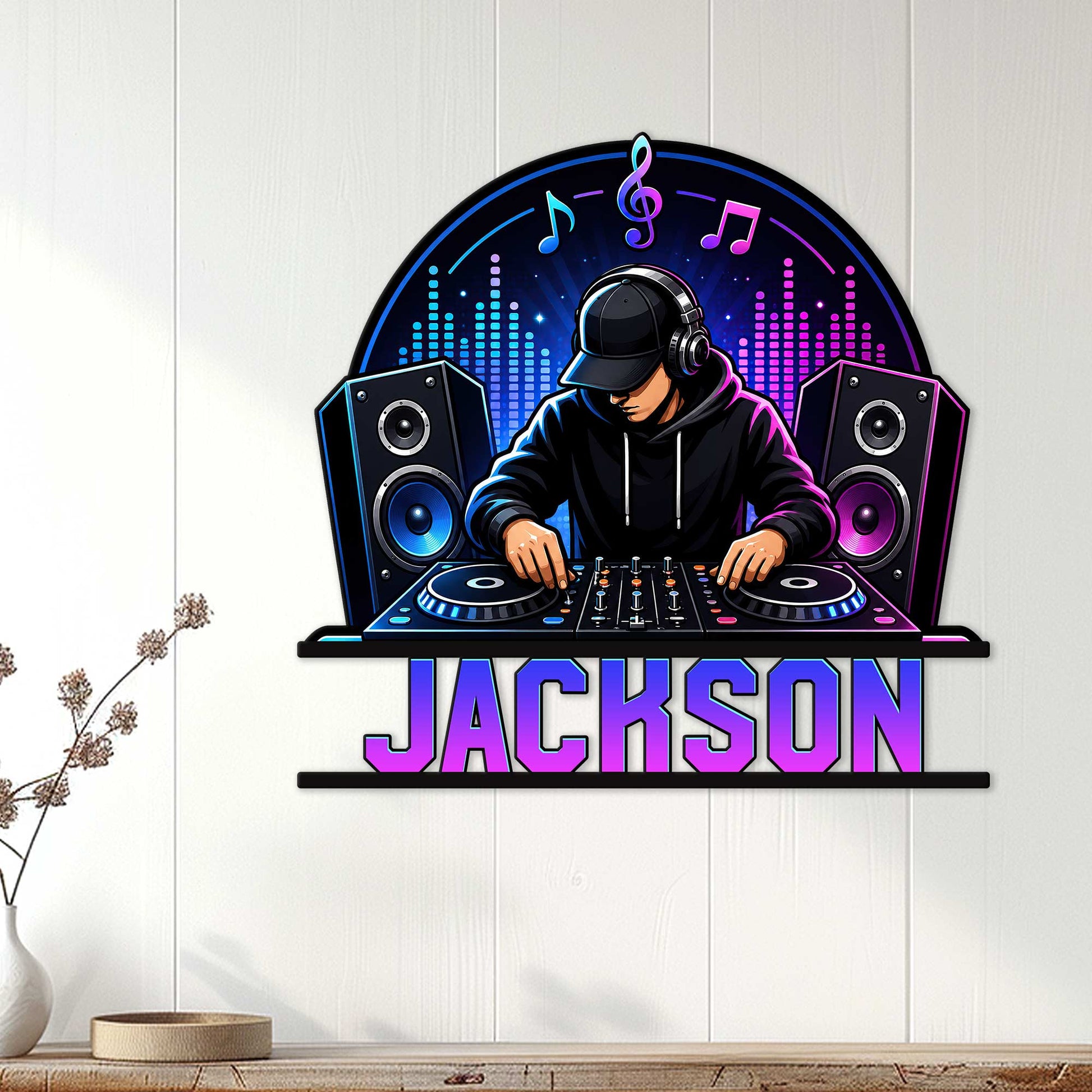 DJ metal wall sign displayed on a light wood-paneled wall above a console in a modern room