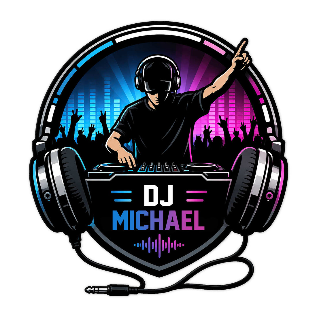 Custom DJ metal sign featuring a headphone-wearing DJ, turntables, crowd silhouettes, neon equalizer colors, and audio cable