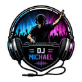 Custom DJ metal sign featuring a headphone-wearing DJ, turntables, crowd silhouettes, neon equalizer colors, and audio cable