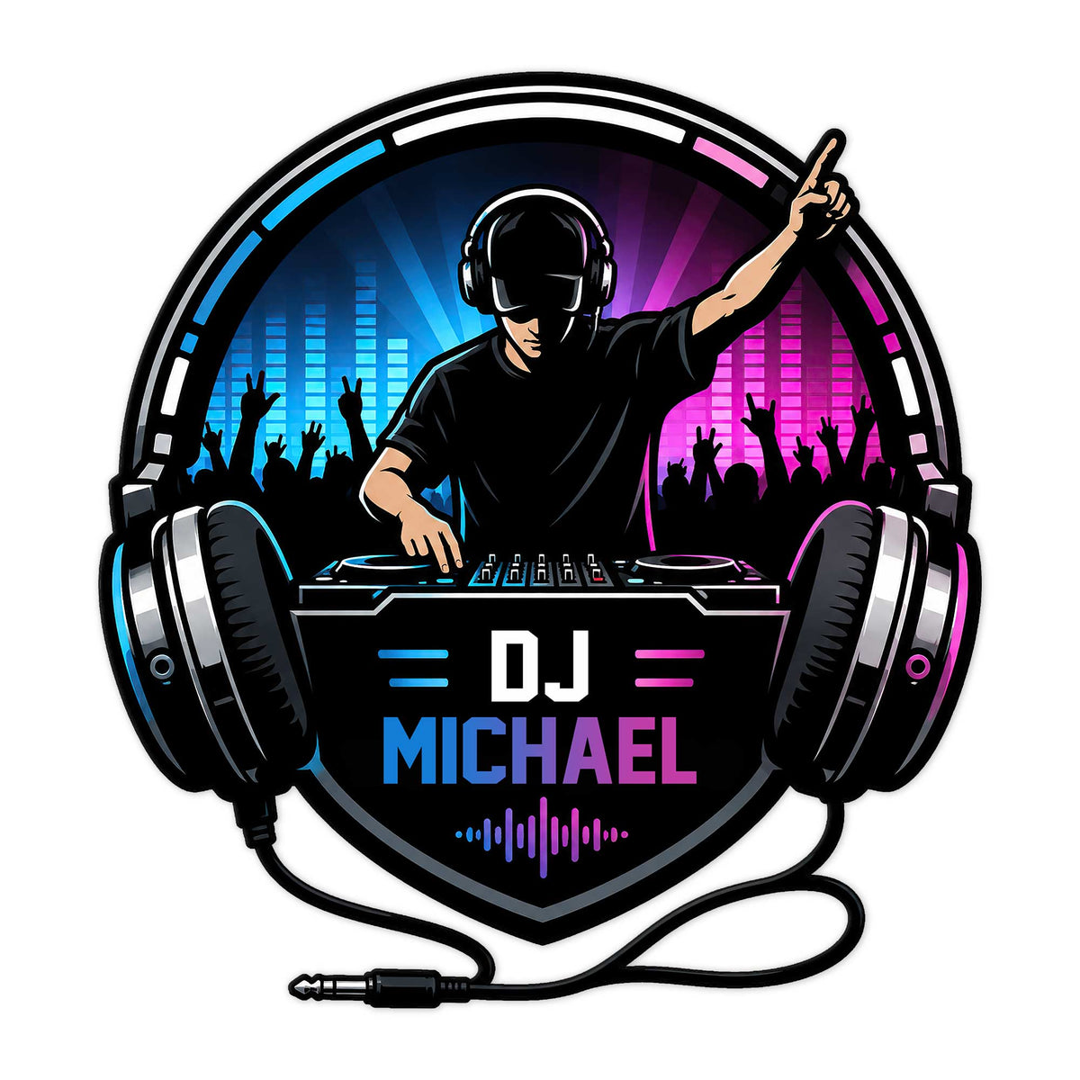 Custom DJ metal sign featuring a headphone-wearing DJ, turntables, crowd silhouettes, neon equalizer colors, and audio cable