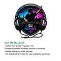 DJ metal sign product graphic showing a headphone-wearing performer, concert crowd, turntables, and cut metal sign details