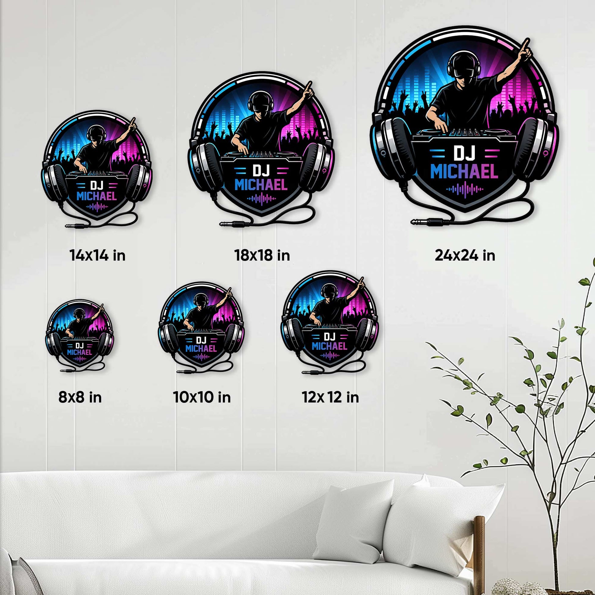 DJ metal sign size guide showing available square sizes from 8x8 inches through 24x24 inches