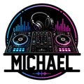 DJ metal sign featuring headphones, a mixer, turntables, and blue and pink equalizer graphics