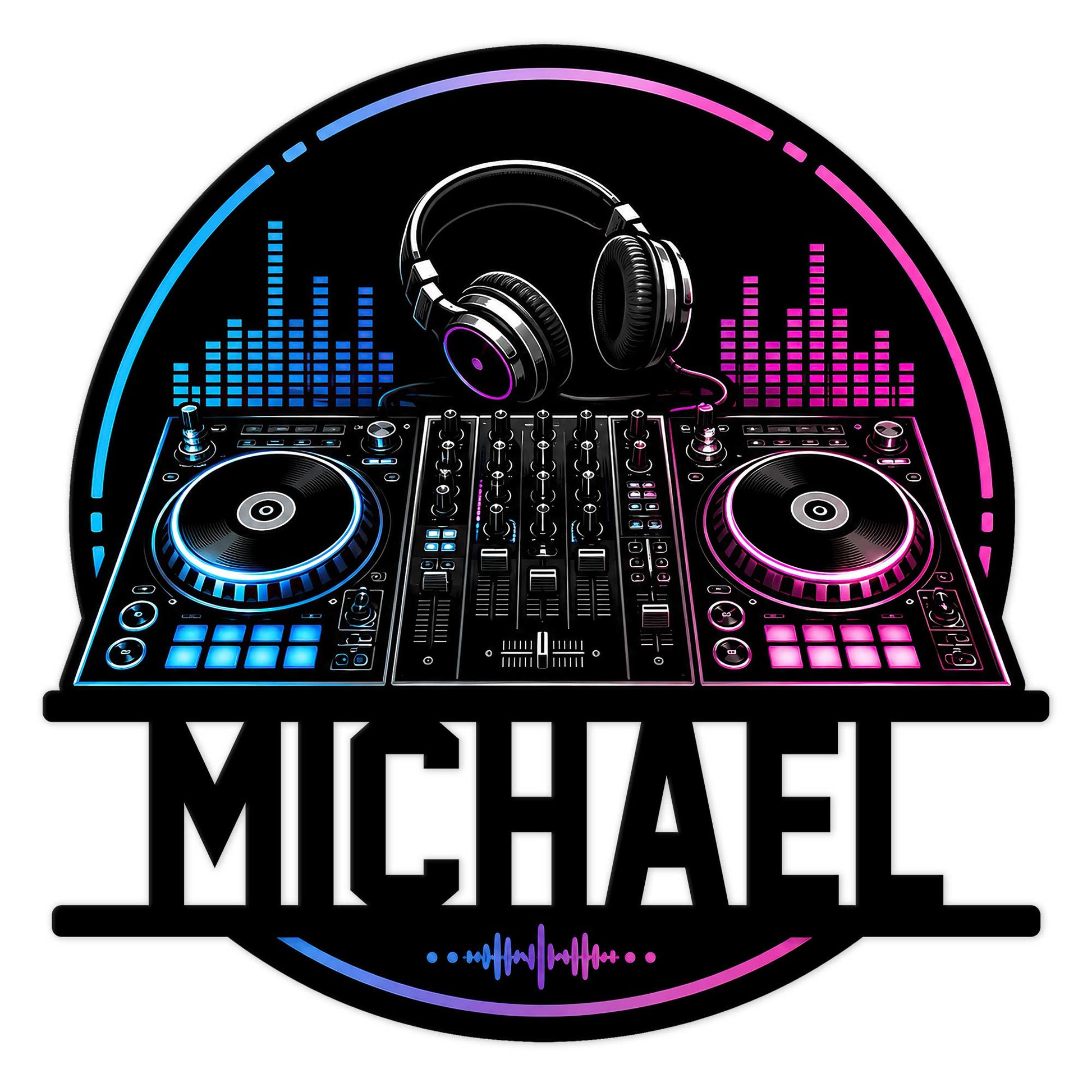 DJ metal sign featuring headphones, a mixer, turntables, and blue and pink equalizer graphics