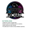 DJ cut metal sign feature graphic showing a neon mixer design with headphones and equalizer bars