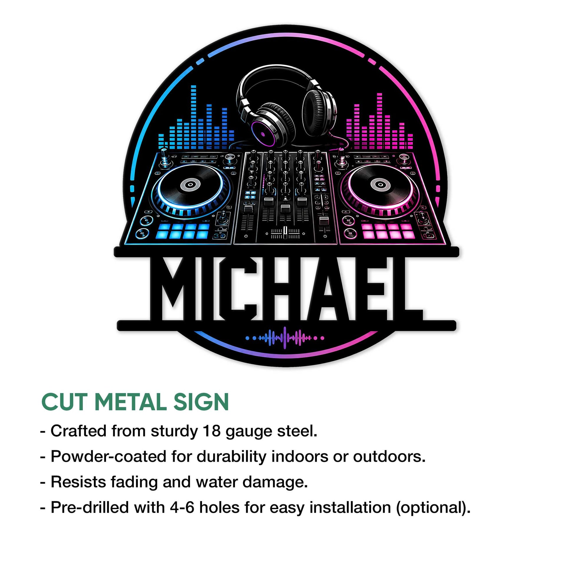 DJ cut metal sign feature graphic showing a neon mixer design with headphones and equalizer bars