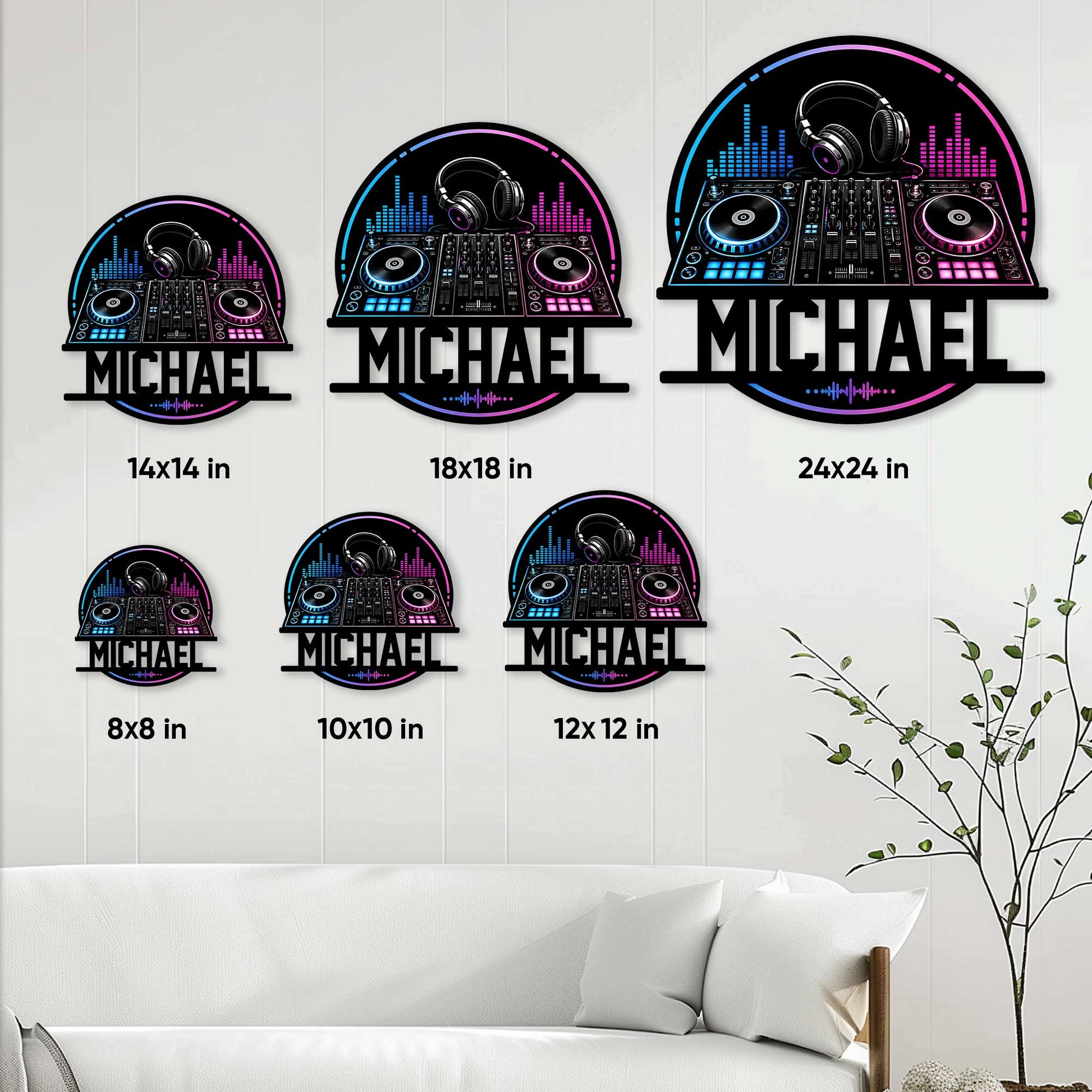 DJ metal sign size guide showing six available square sizes from 8 by 8 to 24 by 24 inches