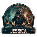 DJ metal sign featuring a female DJ with headphones, turntables, speakers, musical notes, and colorful soundwave graphics