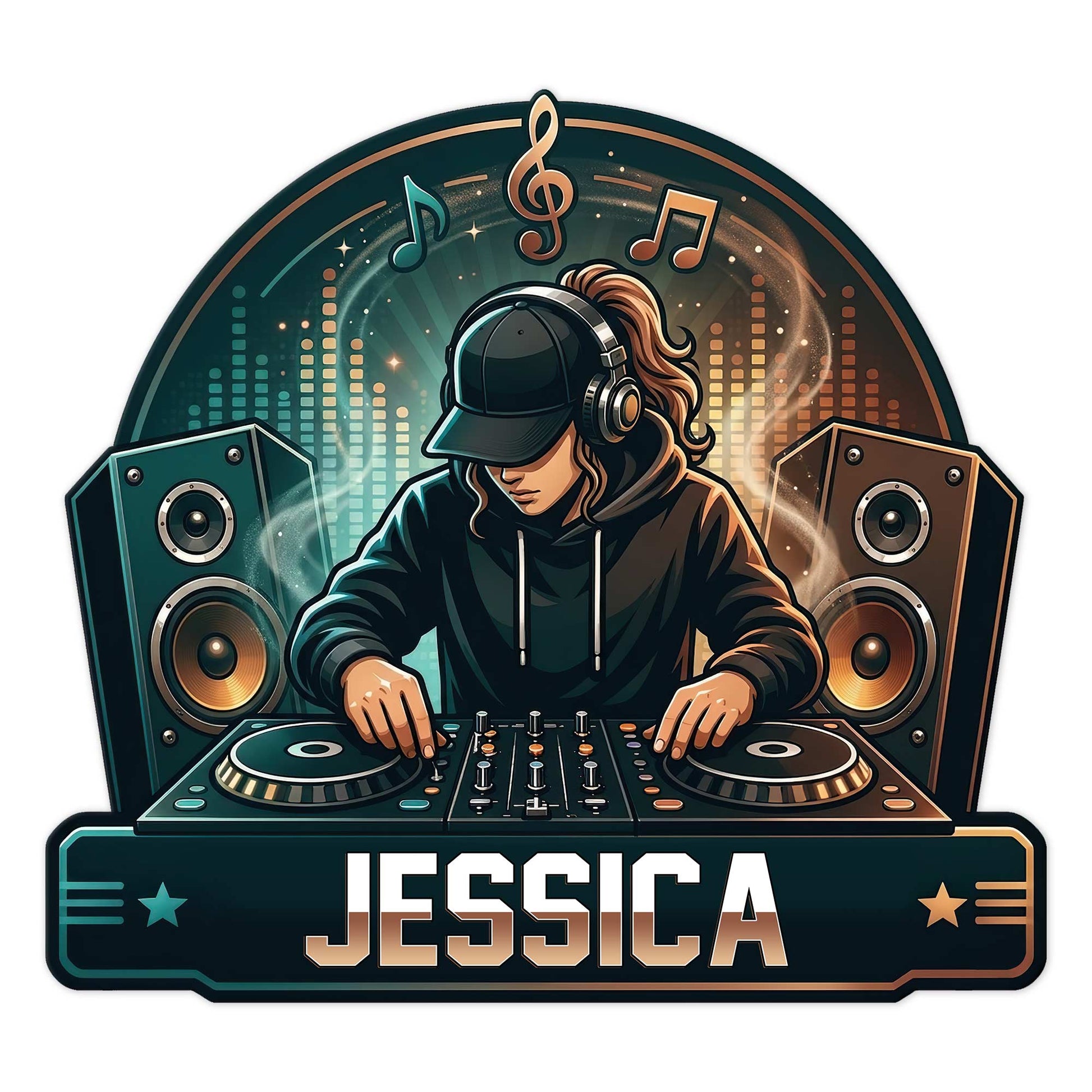 DJ metal sign featuring a female DJ with headphones, turntables, speakers, musical notes, and colorful soundwave graphics
