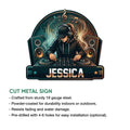 Custom DJ metal sign with a headphone-wearing DJ, turntables, speakers, and vibrant music-themed artwork