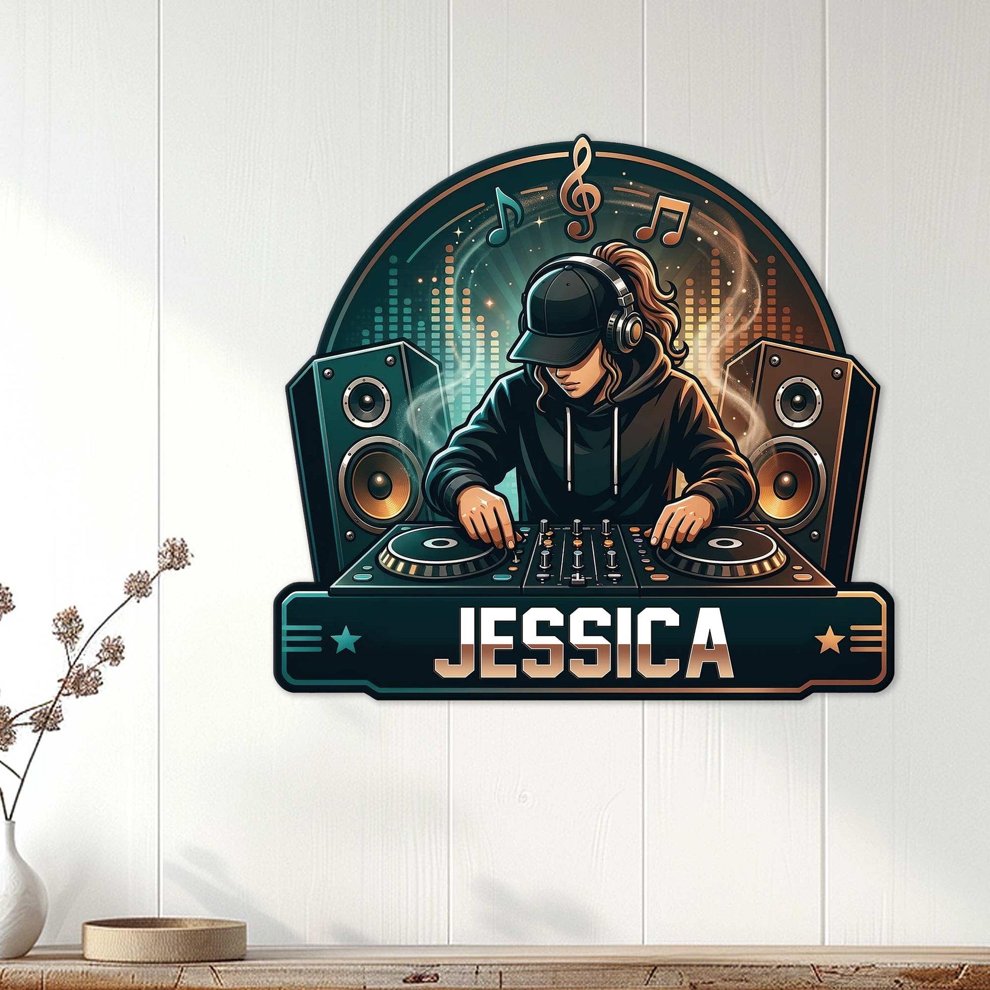 DJ wall sign displayed on a light wood-paneled wall, featuring a female DJ, speakers, turntables, and music notes