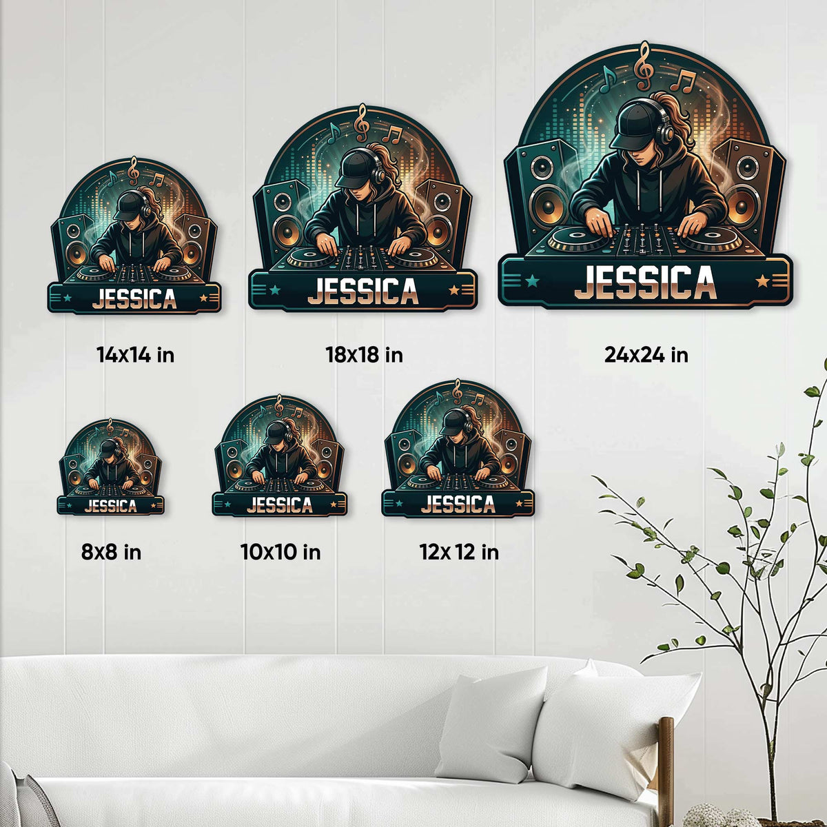 DJ metal sign size guide showing the music artwork in six square size options for wall decor