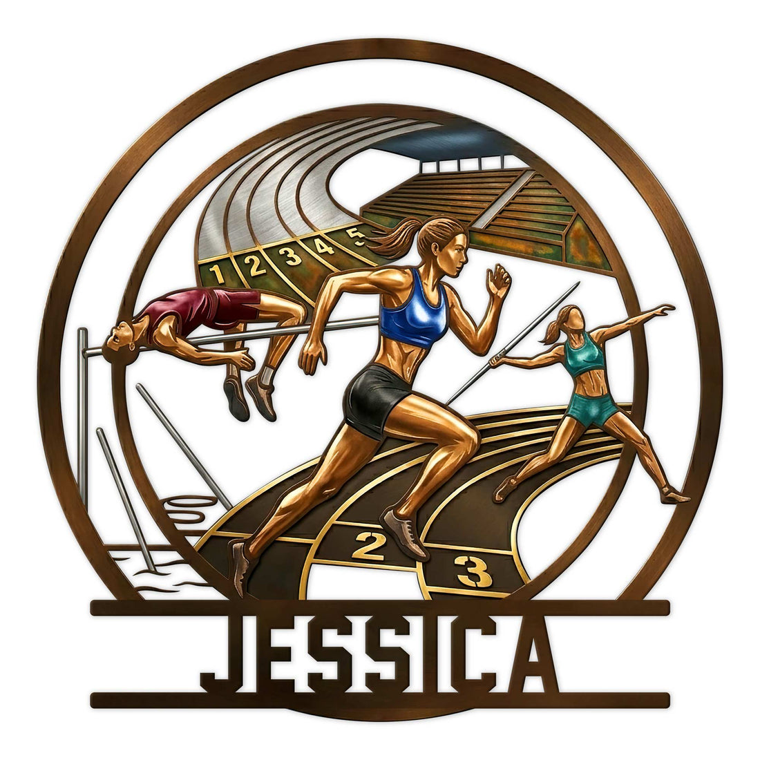 Custom track and field metal sign featuring runners, hurdles, track lanes, and a javelin athlete