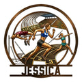 Custom track and field metal sign featuring runners, hurdles, track lanes, and a javelin athlete