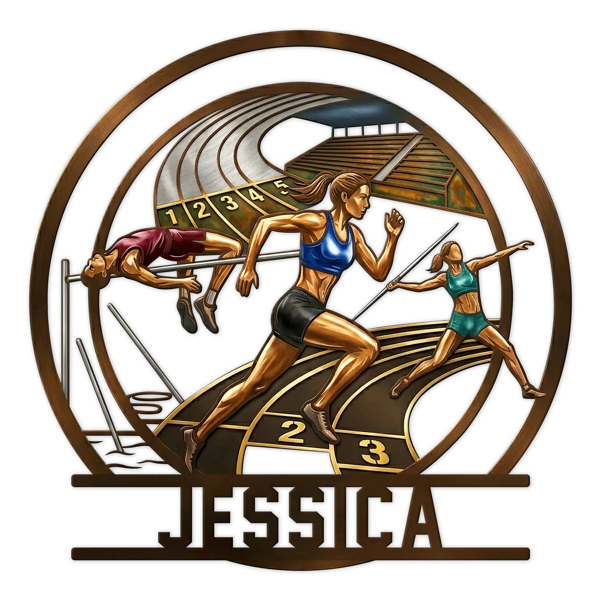 Custom track and field metal sign featuring runners, hurdles, track lanes, and a javelin athlete