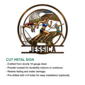 Track and field cut metal sign showcasing running, hurdling, and javelin event artwork