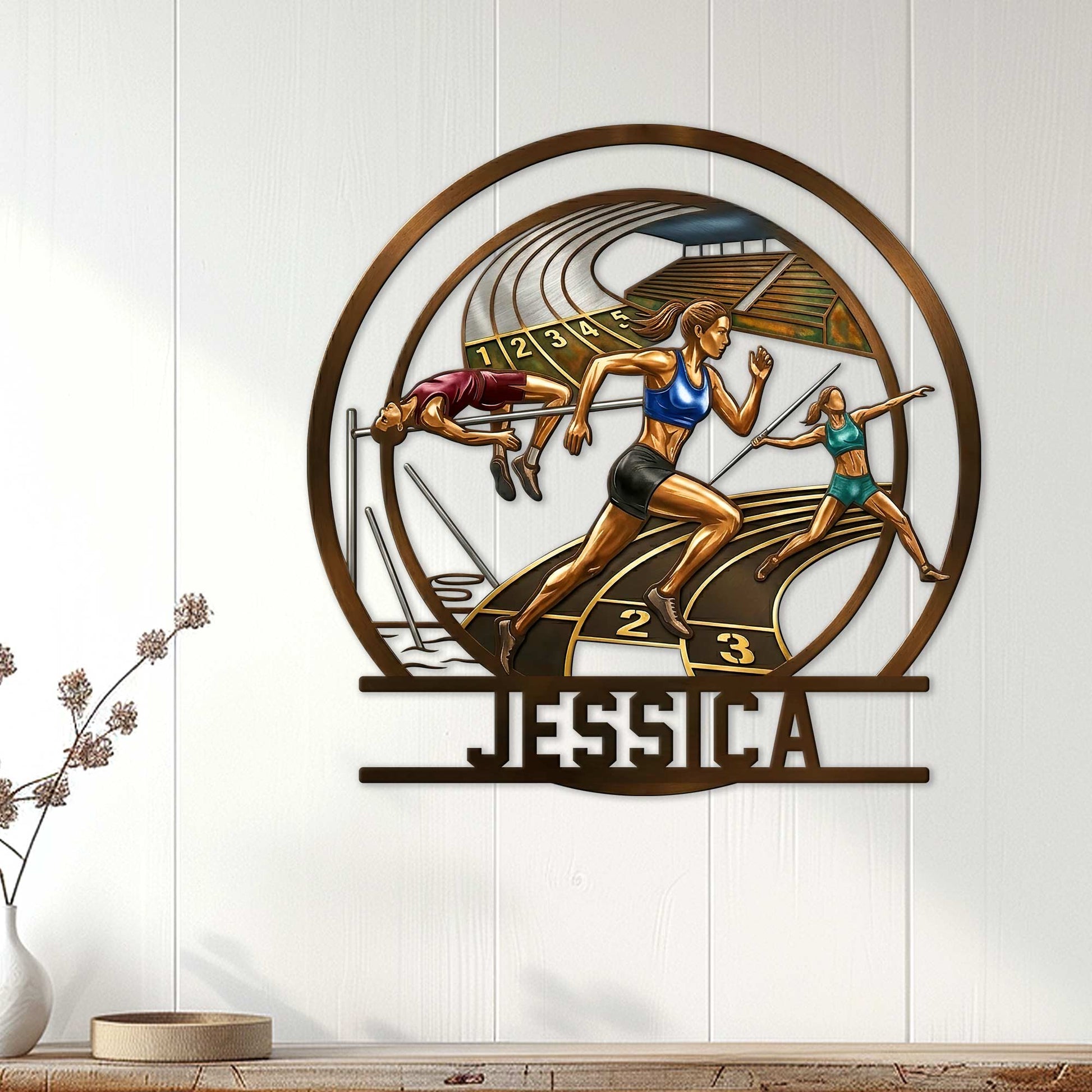 Track and field athlete wall decor displayed on a bright paneled wall in a modern home