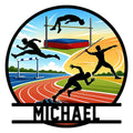 Track and field metal sign featuring silhouettes of runners, hurdlers, a high jumper, and javelin thrower