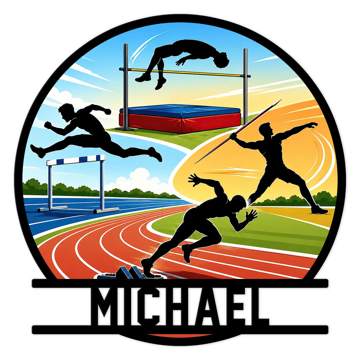 Track and field metal sign featuring silhouettes of runners, hurdlers, a high jumper, and javelin thrower