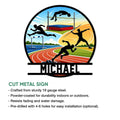 Colorful cut metal track and field sign showcasing multiple athletics events on a running track