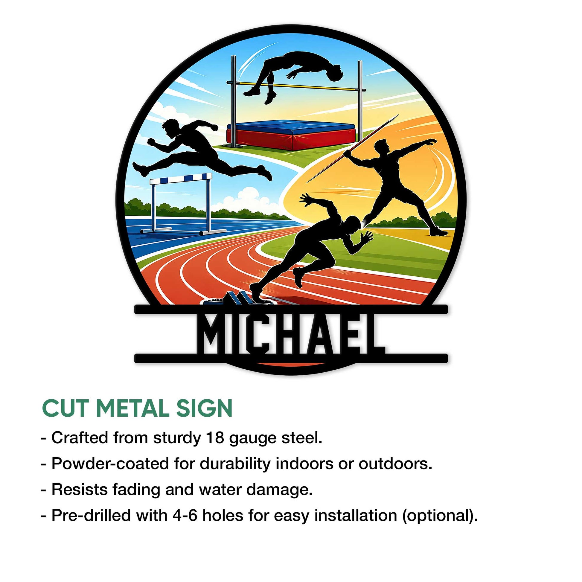 Colorful cut metal track and field sign showcasing multiple athletics events on a running track