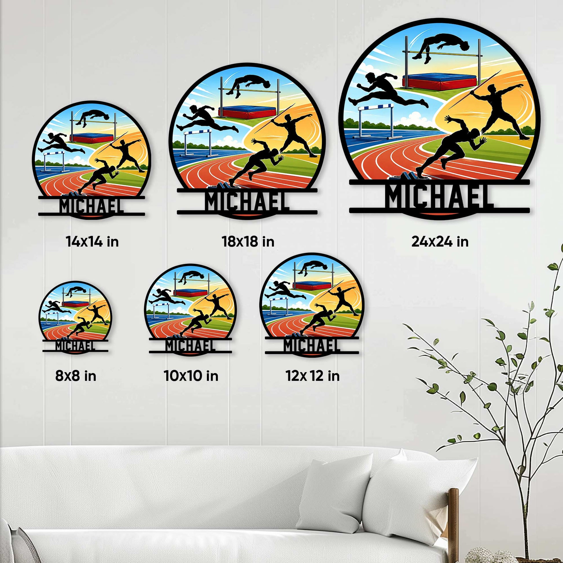 Track and field metal sign size guide showing available sizes from 8x8 to 24x24 inches