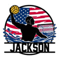 Custom water polo metal sign featuring a player, gold ball, goal net, splashing waves, and American flag backdrop