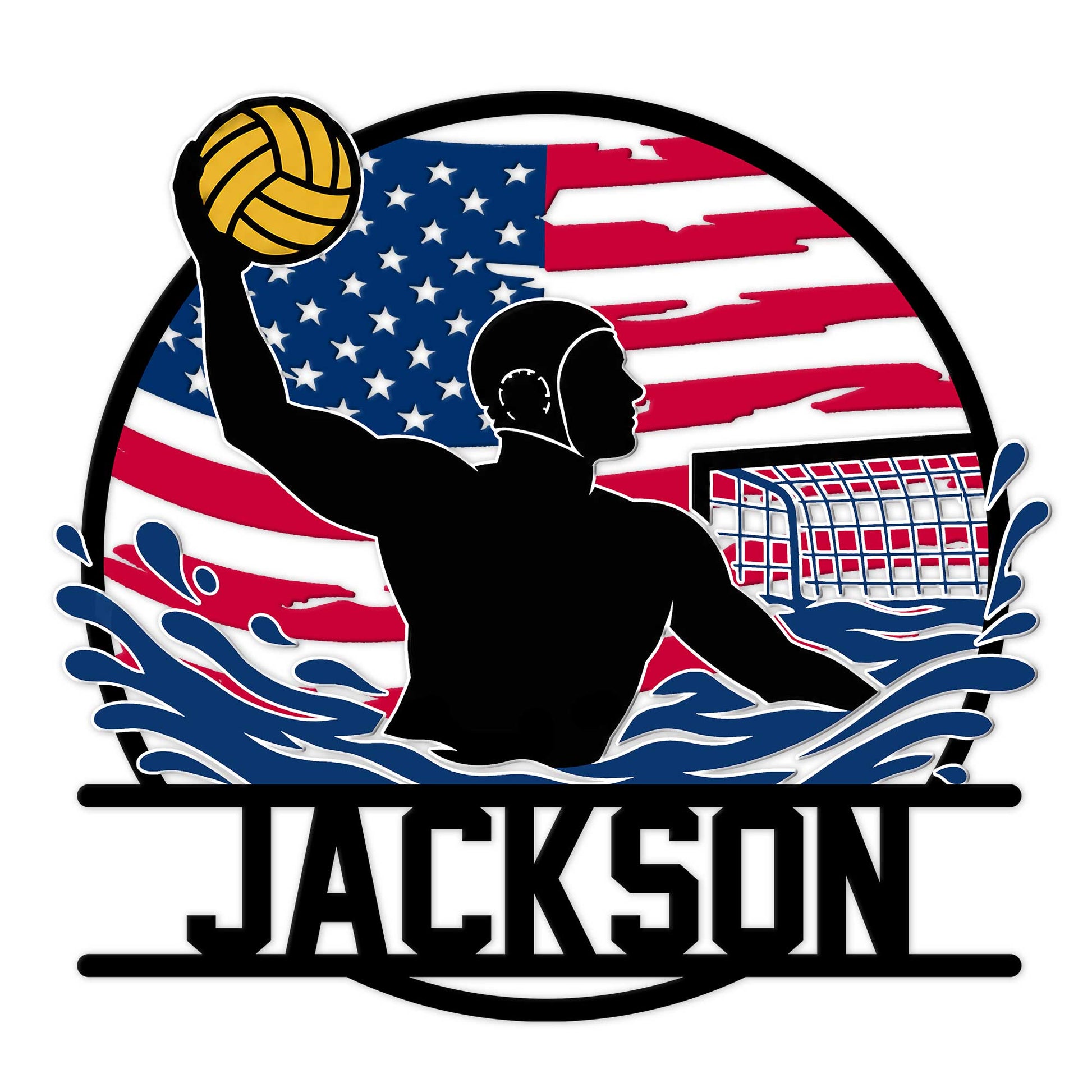 Custom water polo metal sign featuring a player, gold ball, goal net, splashing waves, and American flag backdrop
