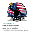 Water polo metal sign shown with a bold player silhouette, goal net, patriotic flag design, and cut metal construction
