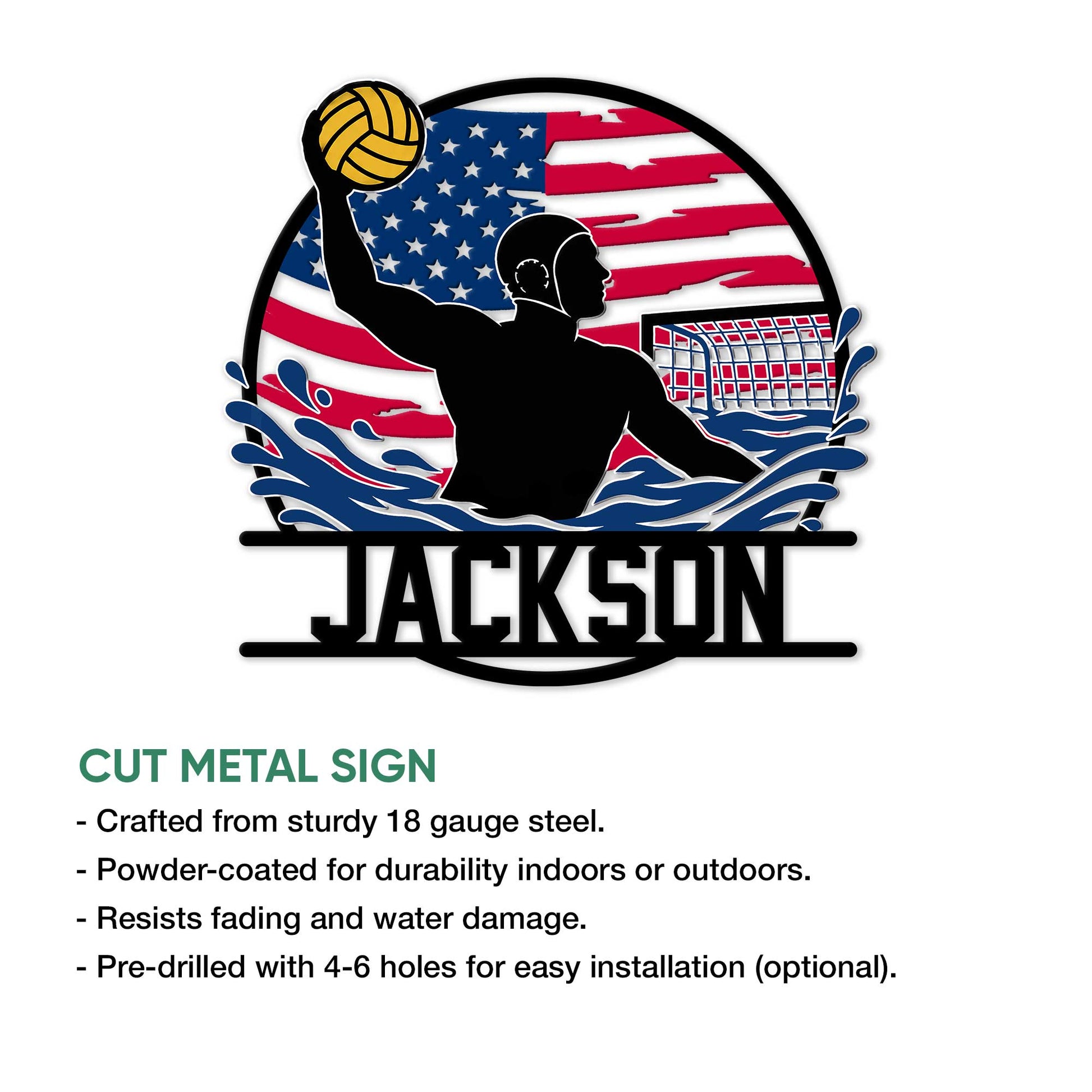 Water polo metal sign shown with a bold player silhouette, goal net, patriotic flag design, and cut metal construction