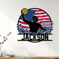Water polo wall decor displayed on a white paneled wall, showing a player reaching for the ball above the waves