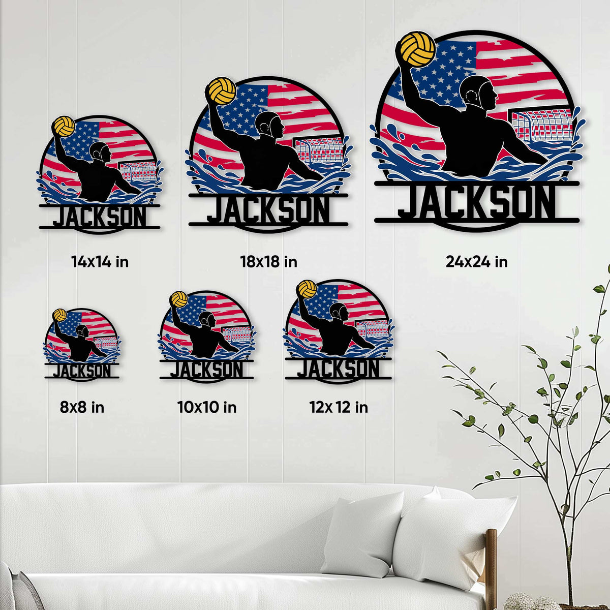 Water polo metal sign size guide showing six square size options from 8 by 8 to 24 by 24 inches