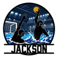 Custom water polo metal sign featuring silhouetted players battling for the ball in a splash-filled indoor pool