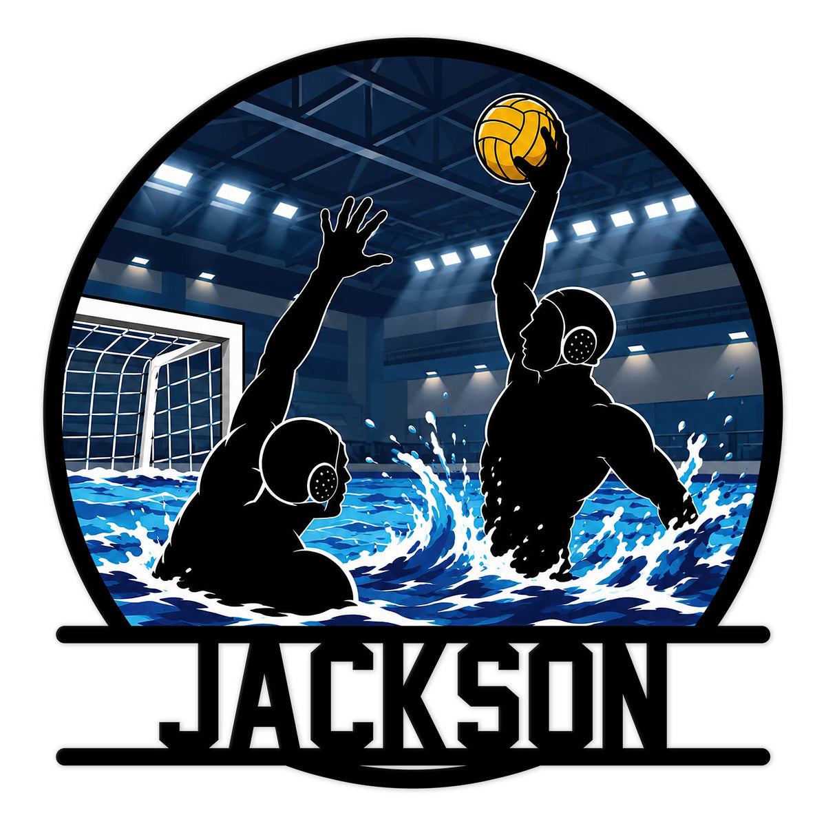 Custom water polo metal sign featuring silhouetted players battling for the ball in a splash-filled indoor pool
