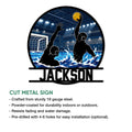 Water polo cut metal sign shown with an indoor pool action design and product feature information