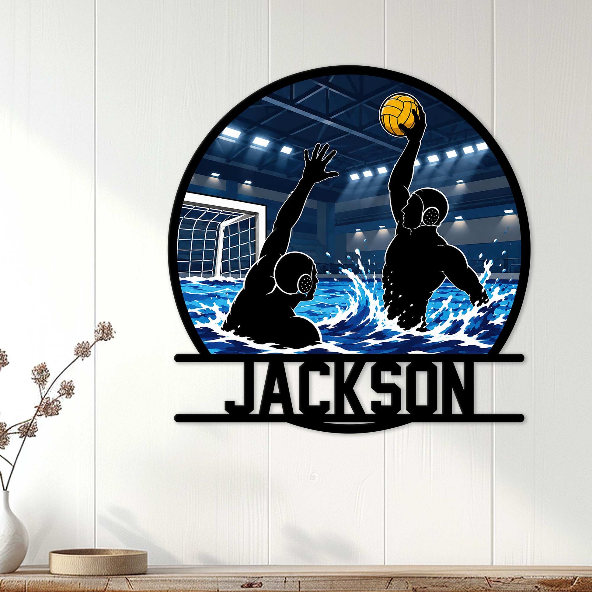 Water polo metal wall sign displayed on a light paneled wall above a console table